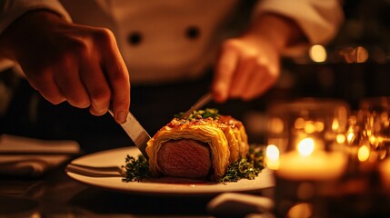 A moody, dimly lit restaurant setting where a chef is slicing into a Beef Wellington tableside, with candlelight reflections adding ambiance