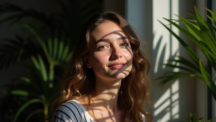 Fototapeta premium protrait of young beautiful woman , her face look through the window make light reflect her skin bright and glow , some natural palm leave is behind