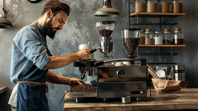 A skilled barista prepares espresso while expertly handling coffee beans and equipment in a warm, inviting cafe atmosphere
