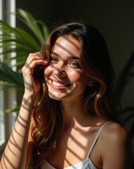 Fototapeta premium protrait of young beautiful woman , her face look through the window make light reflect her skin bright and glow , some natural palm leave is behind