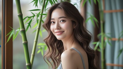 Fototapeta premium In a portrait of striking beauty, a woman's smooth shoulders are highlighted by dappled sunlight filtering through bamboo leaves. The interplay of light and shadow creates a luminous effect.