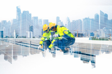 The double exposure image of the engineer thinking overlays with cityscape image with copy space. The concept of engineering, construction, futuristic and industry..