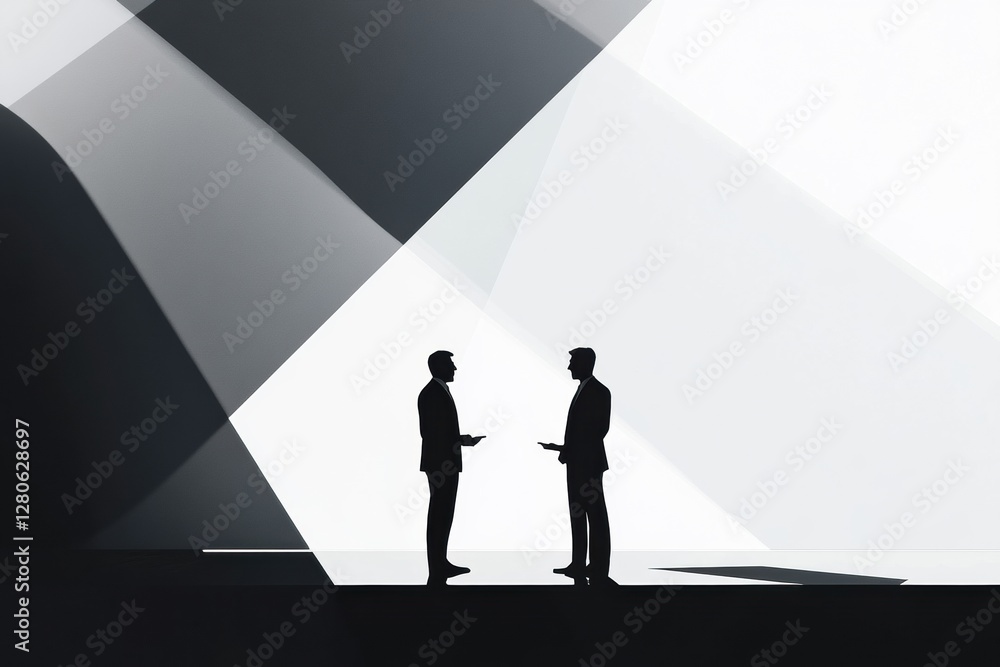 Poster two silhouetted figures engaged in negotiation under abstract lighting in a minimalist setting durin