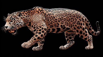 Naklejka premium Powerful spotted jaguar stalking forward with an open mouth against a solid black background.