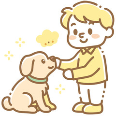 Pet care Boy training a puppy to stay in cute doodle style