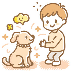 Obraz premium Pet care Boy training a puppy with commands in cute doodle style