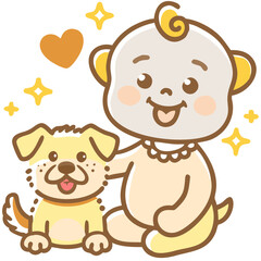 Fototapeta premium Pet care Cute baby and dog sitting together in doodle styl