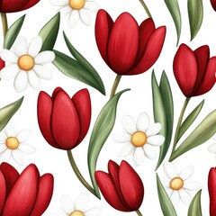 Obraz premium A vibrant pattern featuring red tulips and white daisies amidst green leaves, perfect for spring-themed designs.