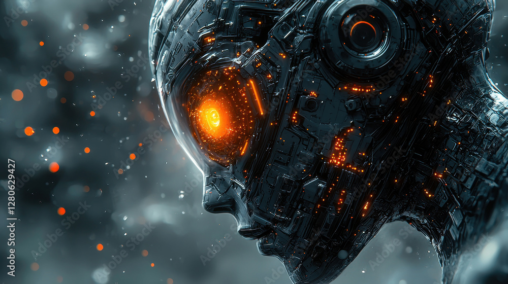 Poster swarm of nanobots forms a humanoid figure confronting a giant ai hologram in a digital duel of advan