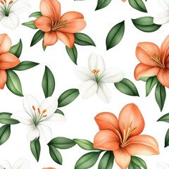 A vibrant floral pattern featuring orange and white lilies with lush green leaves against a clean white background.