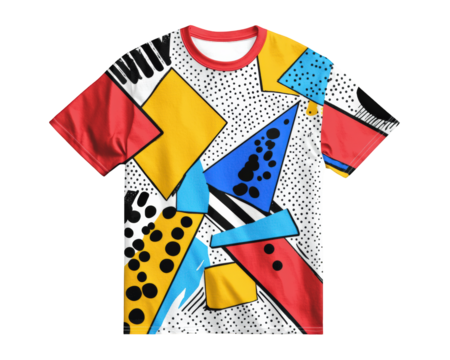 Colorful graphic t shirt featuring funky geometric shapes in vibrant colors. This unique design showcases playful mix of patterns and colors, perfect for bold fashion statement