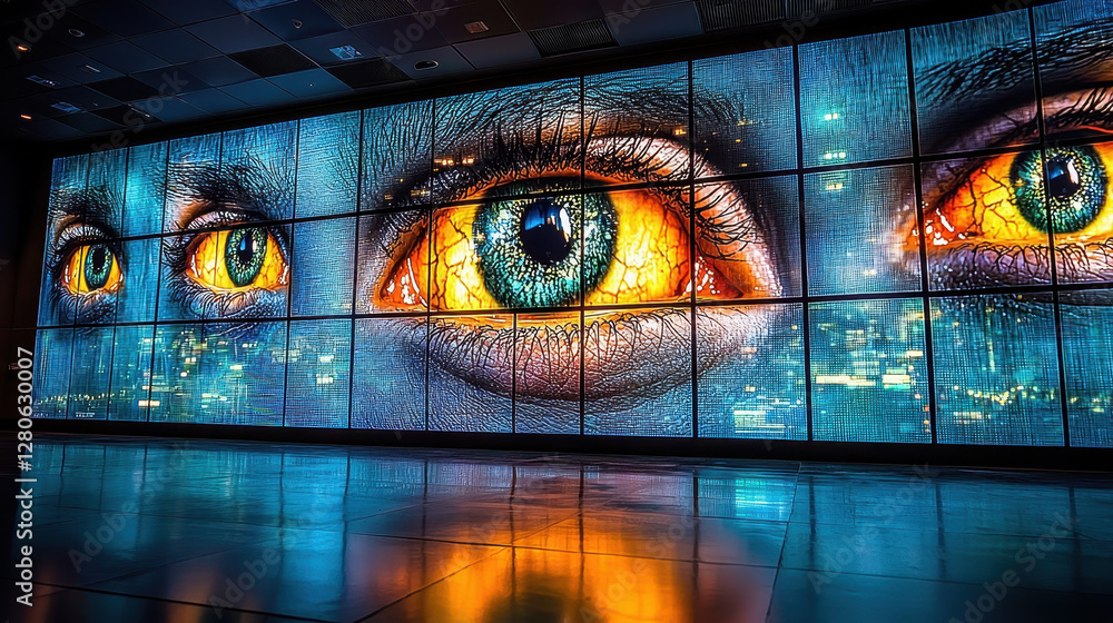 Aufkleber control room filled with multiple monitors displaying ai eyes, showcasing advanced surveillance tech