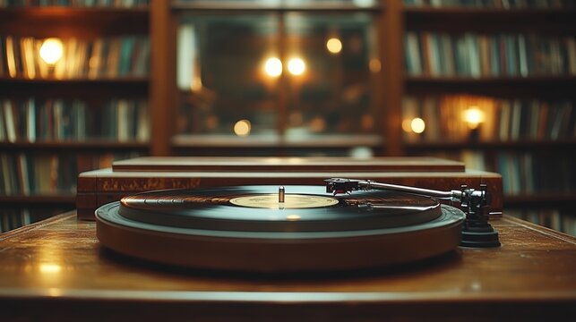 Classic vinyl record player in a cozy library ambiance during evening hours