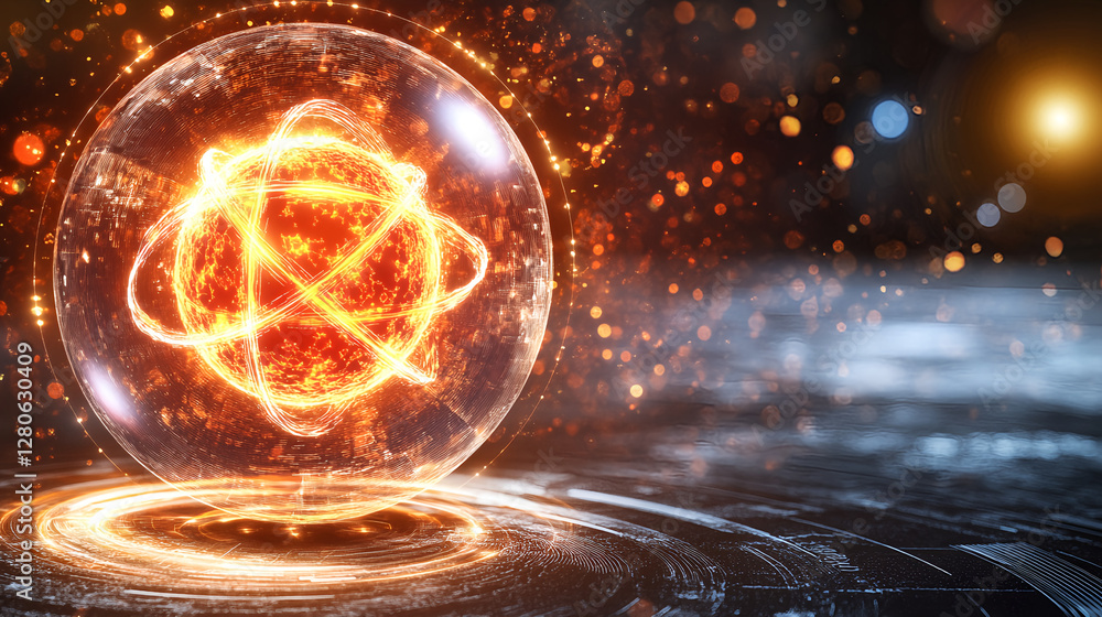 Poster dynamic atomic energy visualization studio environment digital art sci-fi close-up view futuristic c