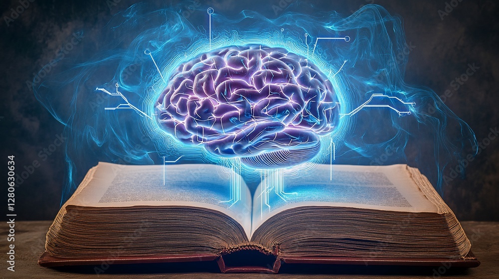 Poster abstract concept of learning, with a glowing brain above an open book, connected by circuit lines
