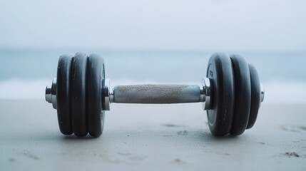 Weightlifting action with dumbbell on beach fitness equipment focus serene coastal environment close-up perspective for health enthusiasts