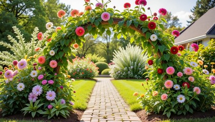 Obraz premium Vibrant flower arch enhancing sunlit garden path, natural beauty