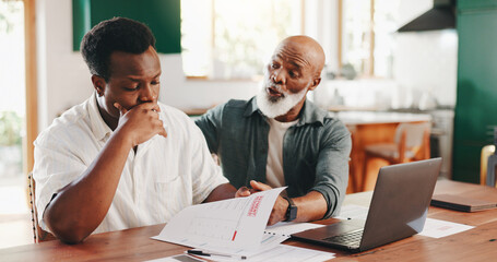 Senior father, son and home finance, advice or teaching wealth management with tax invoice or bank...
