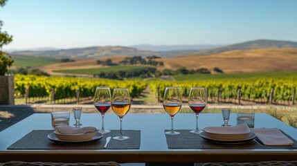 Alcohol consumption at a vineyard with red wine glasses and scenic landscapes. Featuring relaxation and elegance