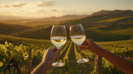 Alcohol consumption at a vineyard with wine and scenic landscape. Featuring nature and elegance