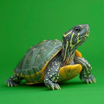 Curious Baby Turtle on Green Background