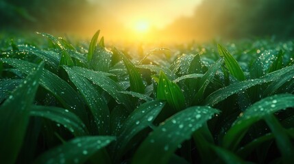 Fototapeta premium Dew-kissed plants field sunrise