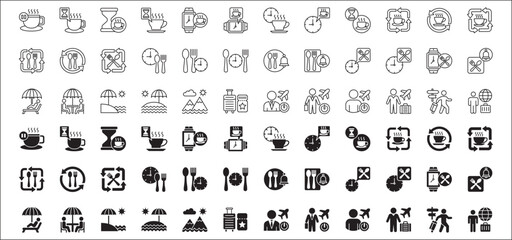 Office coffee break icon set. Time break for lunch icon collection. Vacation office day off symbol. Icon set contain symbol of coffee cup time, rest hours, lunchtime, eat, vacation, holiday, beach.