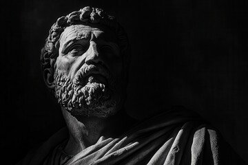 stoic ancient philosopher in dramatic chiaroscuro, deep shadows, weathered face, toga-clad figure against dark background, contemplative expression, high contrast black and white