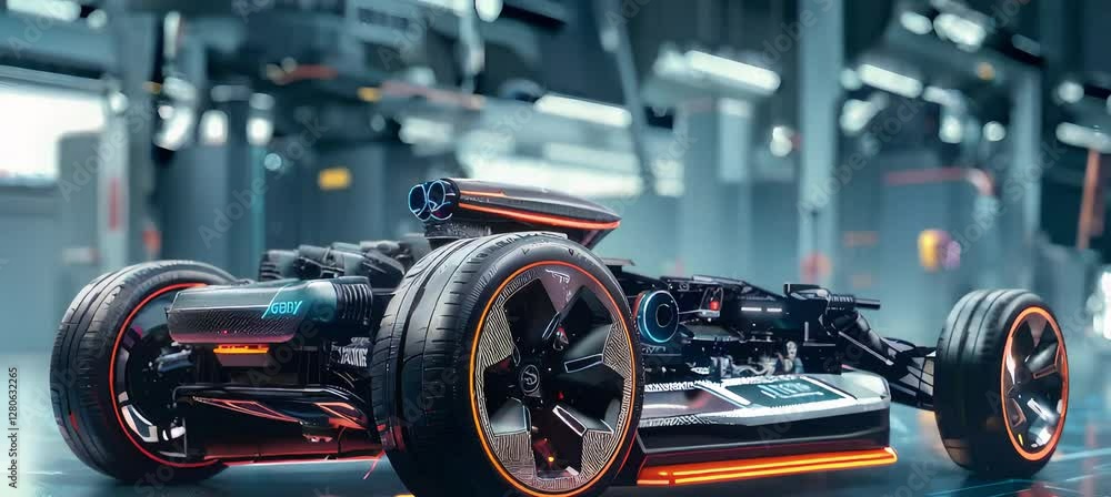 Poster futuristic autonomous vehicle prototype in advanced tech laboratory with neon accents