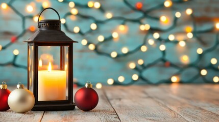 Cozy candle lantern with christmas ornaments festive indoor setting decorative still life warm lighting rustic viewpoint holiday spirit