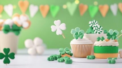 A festive display of green and white cupcakes adorned with shamrock decorations, perfect for St. Patrick's Day celebrations.