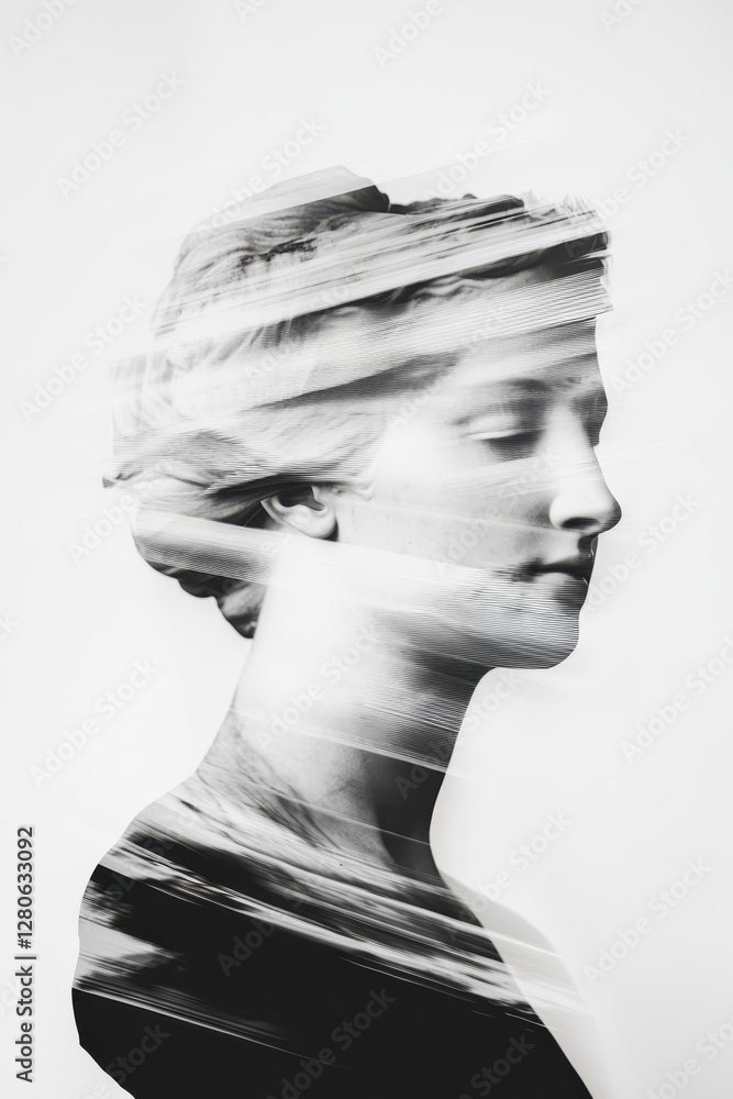 Poster a captivating synthesis of classical sculpture and abstract elements: exploring emotion and identity