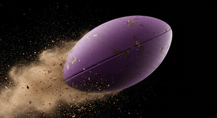 A purple rugby ball is flying through the air, leaving behind dirt and dust
