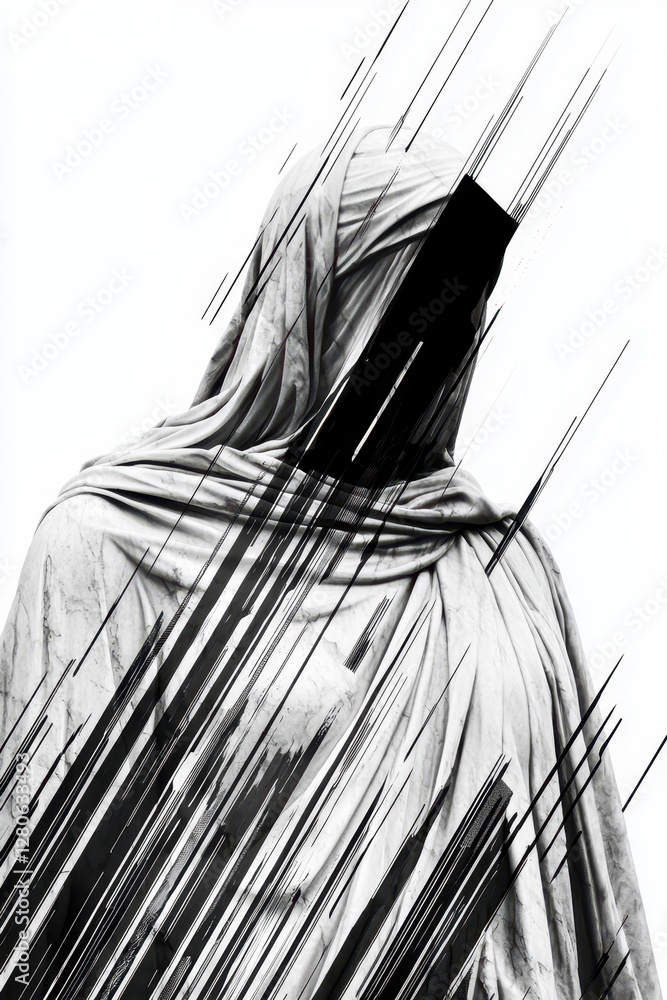 Poster exploring identity and mystery through abstract sculpture: a monochrome veil encasing the forms of c