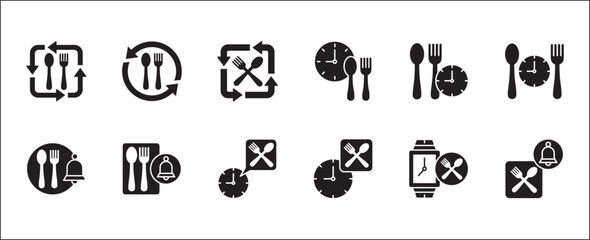 Lunch time icon set. Time break for lunch icon collection. Icon set contain symbol of  eat schedule, rest hours, lunchtime, eat, cafe, watch, addict, hourglass, routine. Vector stock illustration.