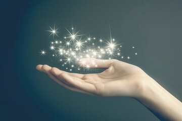 A hand gently releasing sparkling particles into the air, representing magic, creativity, or the manifestation of dreams in a whimsical and artistic atmosphere.