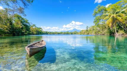 Fototapeta premium Calm lake, wooden boat, tropical jungle, mountains. Travel brochure