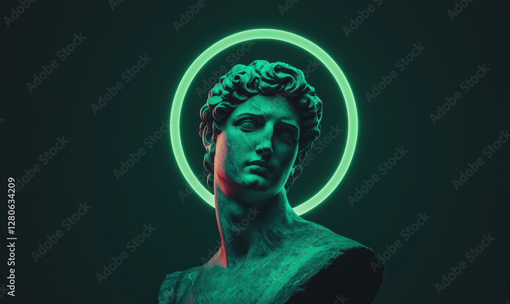 Poster a captivating modern twist on classical sculpture illuminated by neon light - exploring the intersec