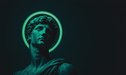 A Majestic Sculpture Illuminated: A Modern Take on Classical Artistry with Neon Highlights Bringing a New Life to Historical Symbolism