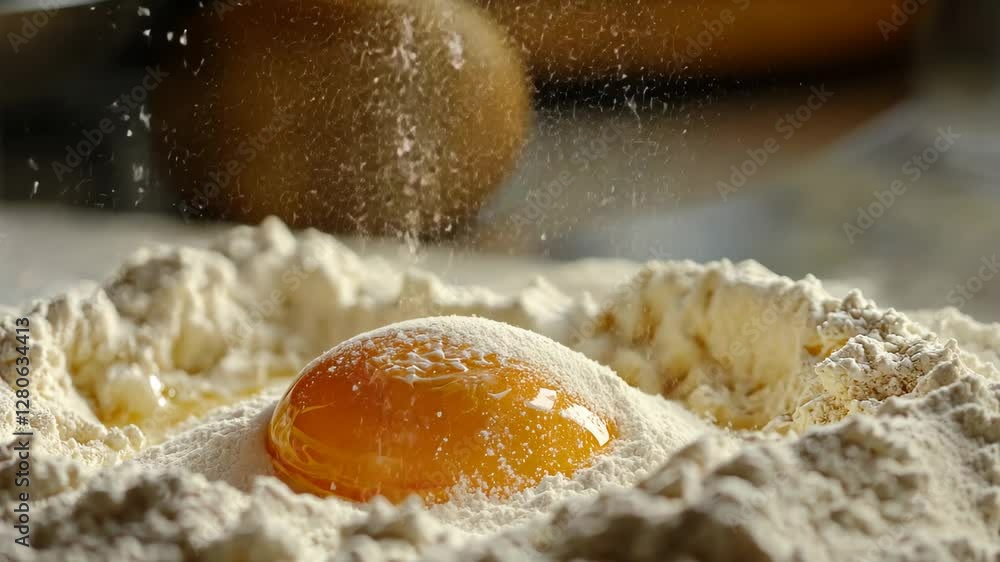 Poster flour and egg combine in slow motion creating a visual masterpiece in a kitchen setting, flour with 