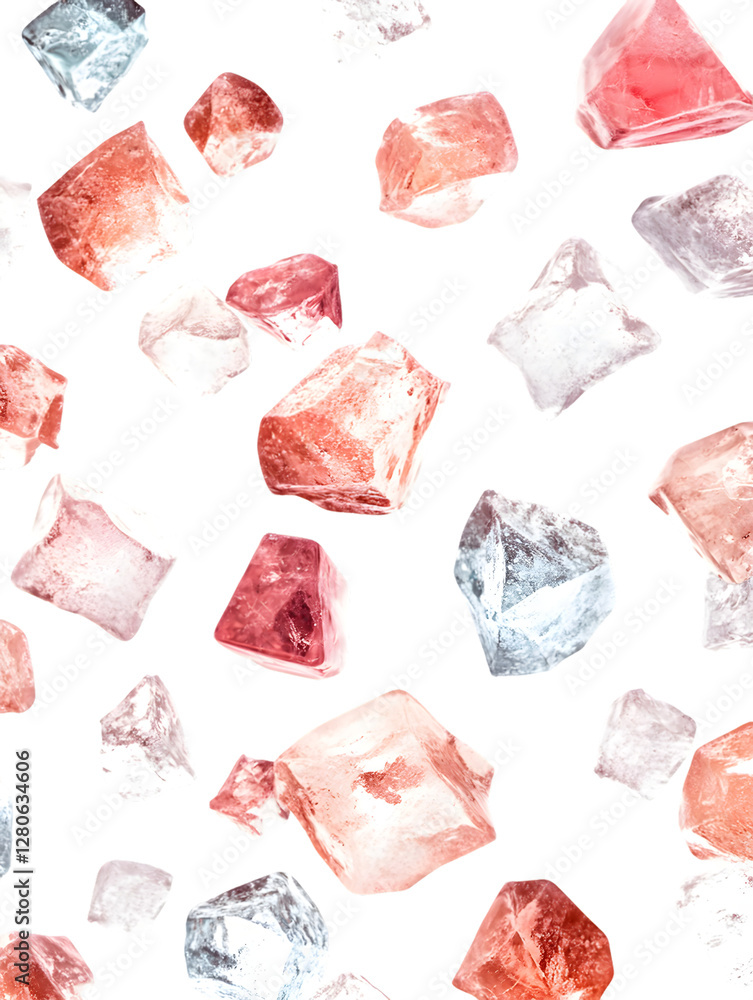 Poster pink and white crystals float against a transparent background. irregular shapes and sizes create a 