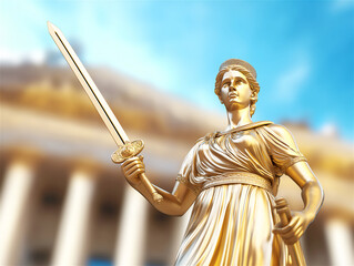 Obraz premium A statue of a woman holding a sword in front of a classical Greek architecture. This symbolizes justice, strength, and timeless wisdom with a historical context.