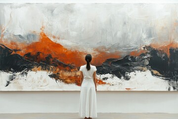 Abstract landscape painting with orange, black, and white hues, showcasing texture and depth.