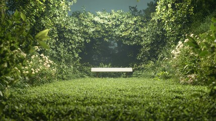 Secluded bench in lush green garden, tranquil scene