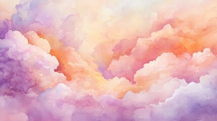 Fototapeta premium Dreamy pastel clouds, sunset sky, watercolor effect, soft hues, calm atmosphere, colorful clouds