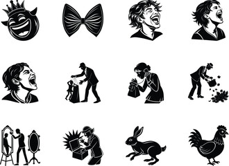 A Collection of Whimsical and Humorous Black and White Illustrations Featuring Diverse Characters and Objects