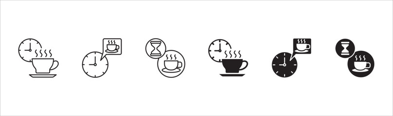 Coffee break icon set. Coffee cup icon collection. Icon set contain symbol of coffee time, rest hours, lunchtime, eat, cafe, watch, addict, hourglass, routine. Vector stock illustration.