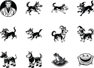 A Collection of Charming Dog Illustrations Featuring Festive Attire and Activities, Alongside a Jolly Frog and a Giggling Face