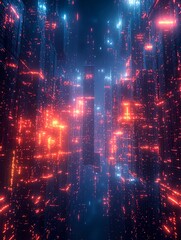 A digital cityscape featuring glowing cubes arranged in a cyberpunk style