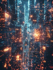 Fototapeta premium A digital cityscape featuring glowing cubes arranged in a cyberpunk style
